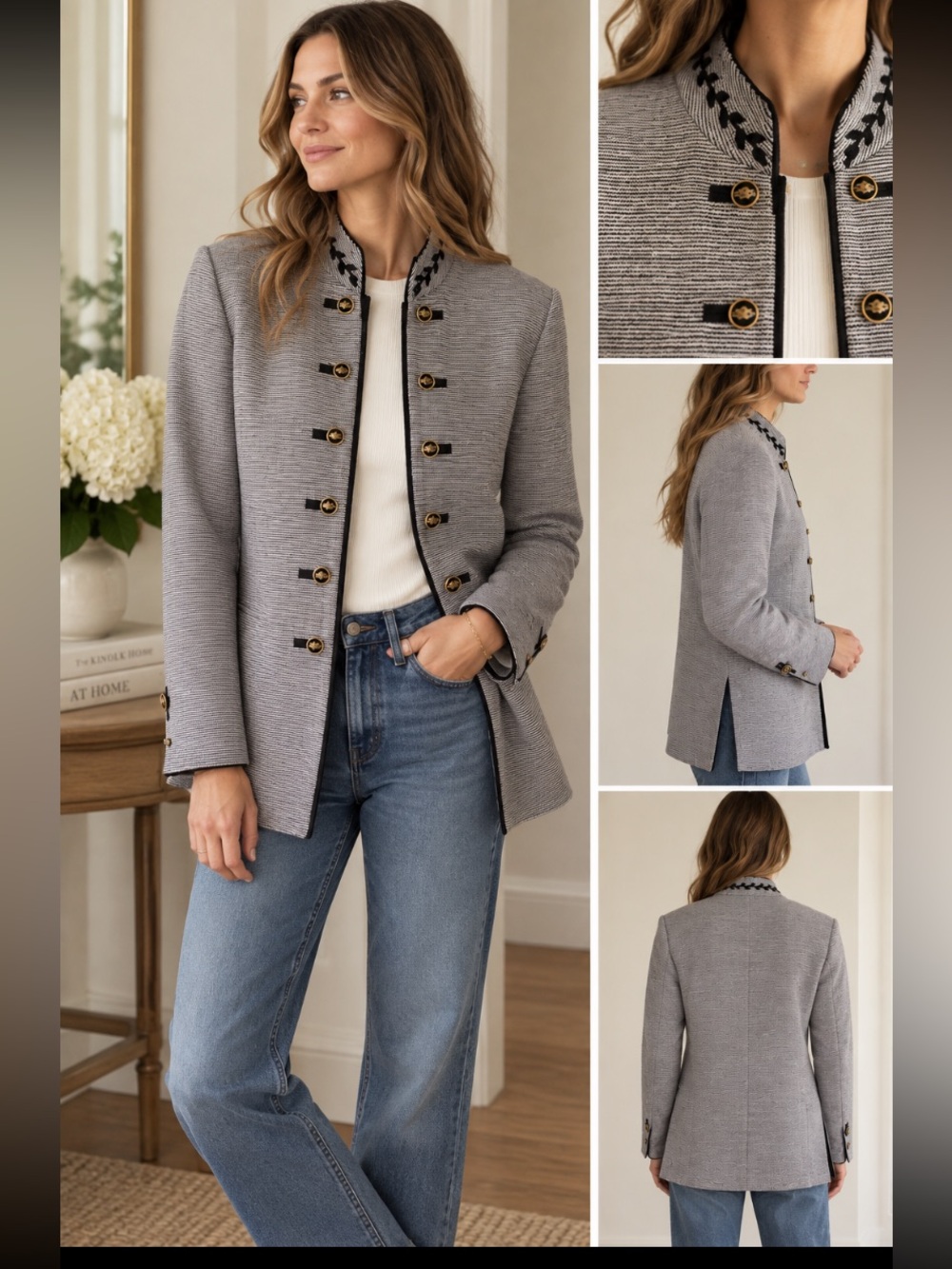 St. John Collection Black and White Knit Zip Jacket with Gold Buttons